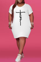 Weißes, modisches, lässiges, bedrucktes Basic-Kleid mit V-Ausschnitt und kurzen Ärmeln