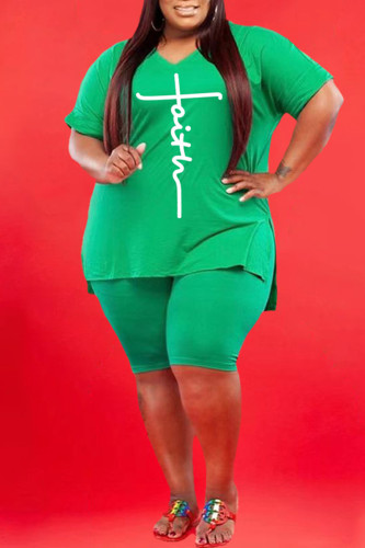 Green Fashion Casual Print Slit V Neck Plus Size Two Pieces