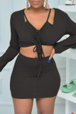 Blue Sexy Casual Solid Bandage Draw String V Neck Long Sleeve Three-piece Set