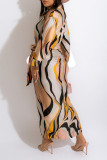 Абрикосовый повседневный принт с пряжкой в ​​стиле пэчворк и поясом с отложным воротником Рубашка Платье Платья