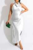 White Fashion Sexy Solid Backless Halter Sleeveless Dress