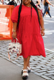 Красное модное повседневное платье больших размеров с однотонным уздечками и косым воротником с коротким рукавом