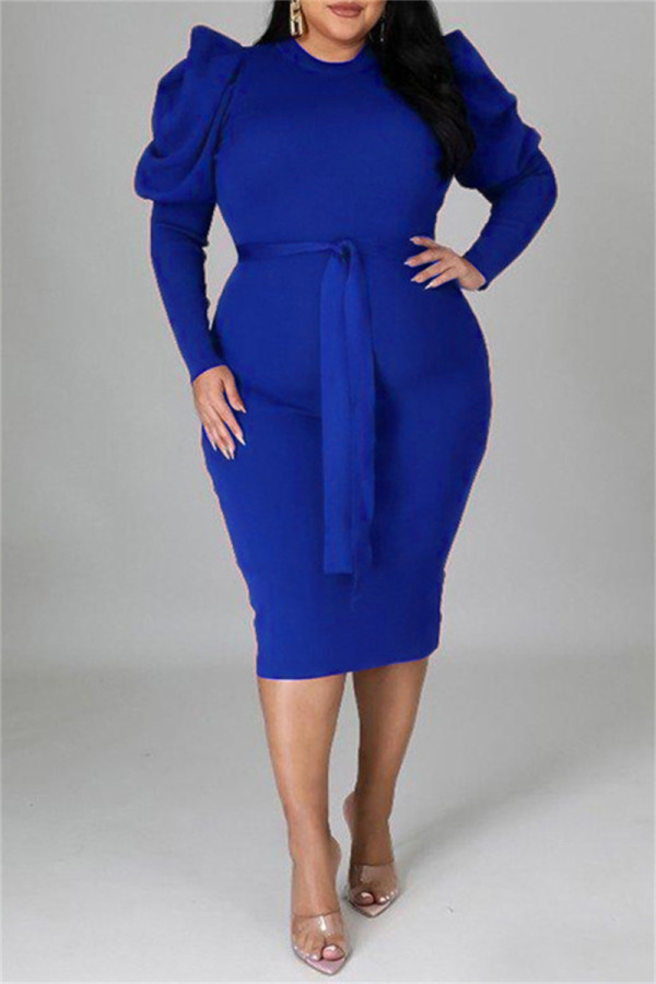 Vestidos casuais de moda azul sólido com cinto O pescoço manga longa plus size