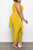 Yellow Casual Street Solid Patchwork Slit Asymmetrical O Neck Plus Size Two Pieces