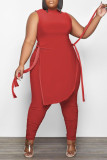 Red Casual Street Solid Patchwork Slit Asymmetrical O Neck Plus Size Two Pieces