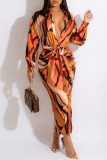 Abrikoos Casual print, patchwork, gesp met riem, kraag, overhemdjurk, jurken
