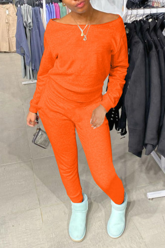 Tangerine Red Casual Solid Patchwork O Neck Long Sleeve Two Pieces