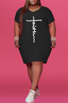Черное модное повседневное базовое платье с V-образным вырезом и коротким рукавом с принтом