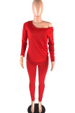 Tangerine Red Casual Solid Patchwork O Neck Long Sleeve Two Pieces