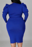 ブルーファッションカジュアルソリッドベルトOネック長袖プラスサイズのドレス