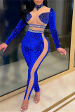 Синий модный сексуальный лоскутный комбинезон с водолазкой и узким воротником в стиле пэчворк