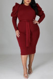 Rose Red Fashion Casual Solid met riem O-hals Lange mouw Grote maten jurken