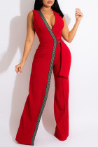 Красный сексуальный элегантный принт в стиле пэчворк с поясом и V-образным вырезом, прямые комбинезоны