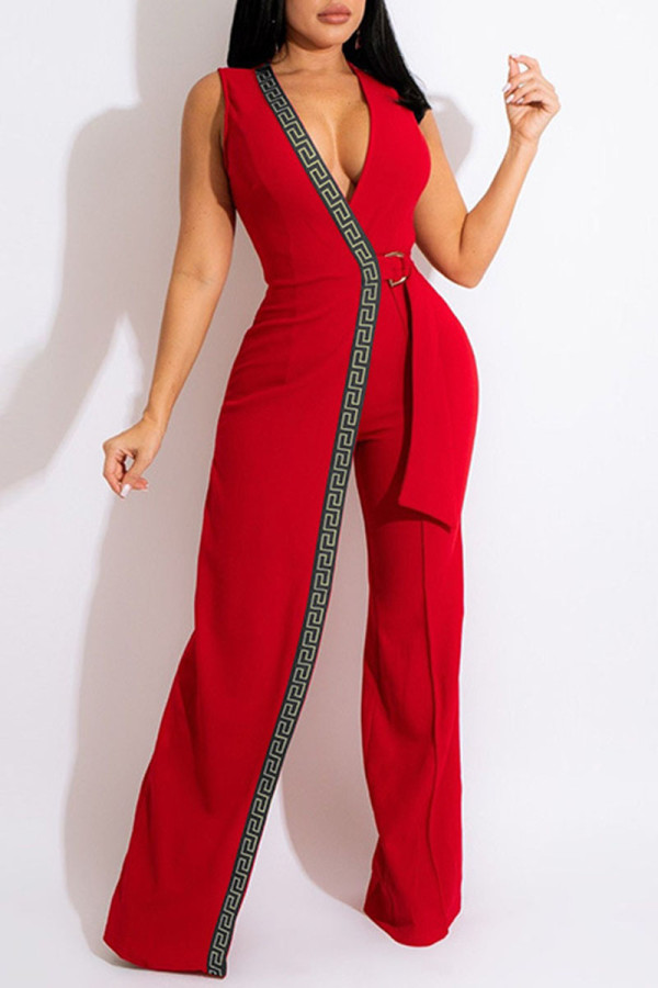 Patchwork imprimé élégant sexy rouge avec ceinture col en V combinaisons droites