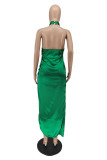Green Fashion Sexy Solid Backless Halter Sleeveless Dress