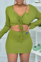 Green Sexy Casual Solid Bandage Draw String V Neck Long Sleeve Three-piece Set
