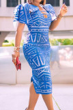 Blue Casual Print Bandage Patchwork Slit Asymmetrical Collar One Step Skirt Dresses