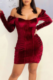Vestidos de saia única com gola quadrada dobrada sexy vermelho sexy