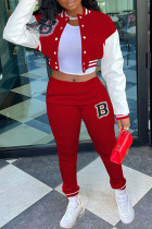 Abbigliamento sportivo casual rosso Stampa patchwork Fibbia Colletto alla coreana Manica lunga Due pezzi