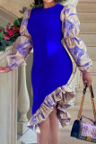 Светло-фиолетовые повседневные элегантные платья с принтом в стиле пэчворк и воланами, асимметричные платья нестандартной формы.