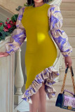 ライトパープルカジュアルエレガントプリントパッチワークフラウンス非対称不規則なドレスドレス
