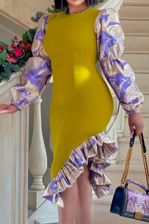 Amarelo casual elegante estampado patchwork babado vestidos irregulares assimétricos