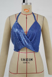 Blue Fashion Sexy Patchwork Backless Halter Tops