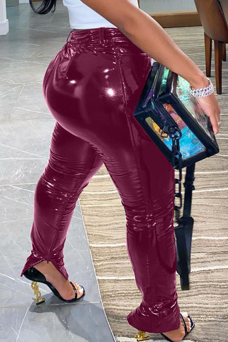 

Wine Red Fashion Casual Street Sportswear Faux Leather Solid Slit Pants Plus Size