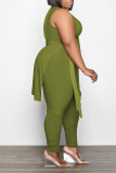 Army Green Casual Street Solid Patchwork Slit Asymmetrical O Neck Plus Size Two Pieces