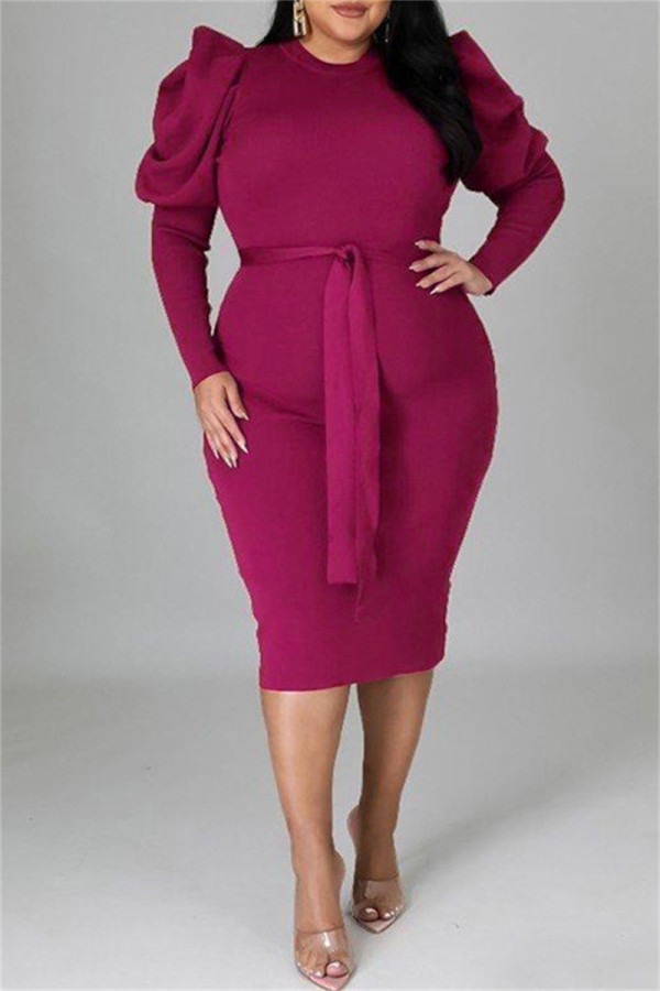 Розово-красная мода повседневная однотонная с поясом с круглым вырезом с длинным рукавом платья больших размеров