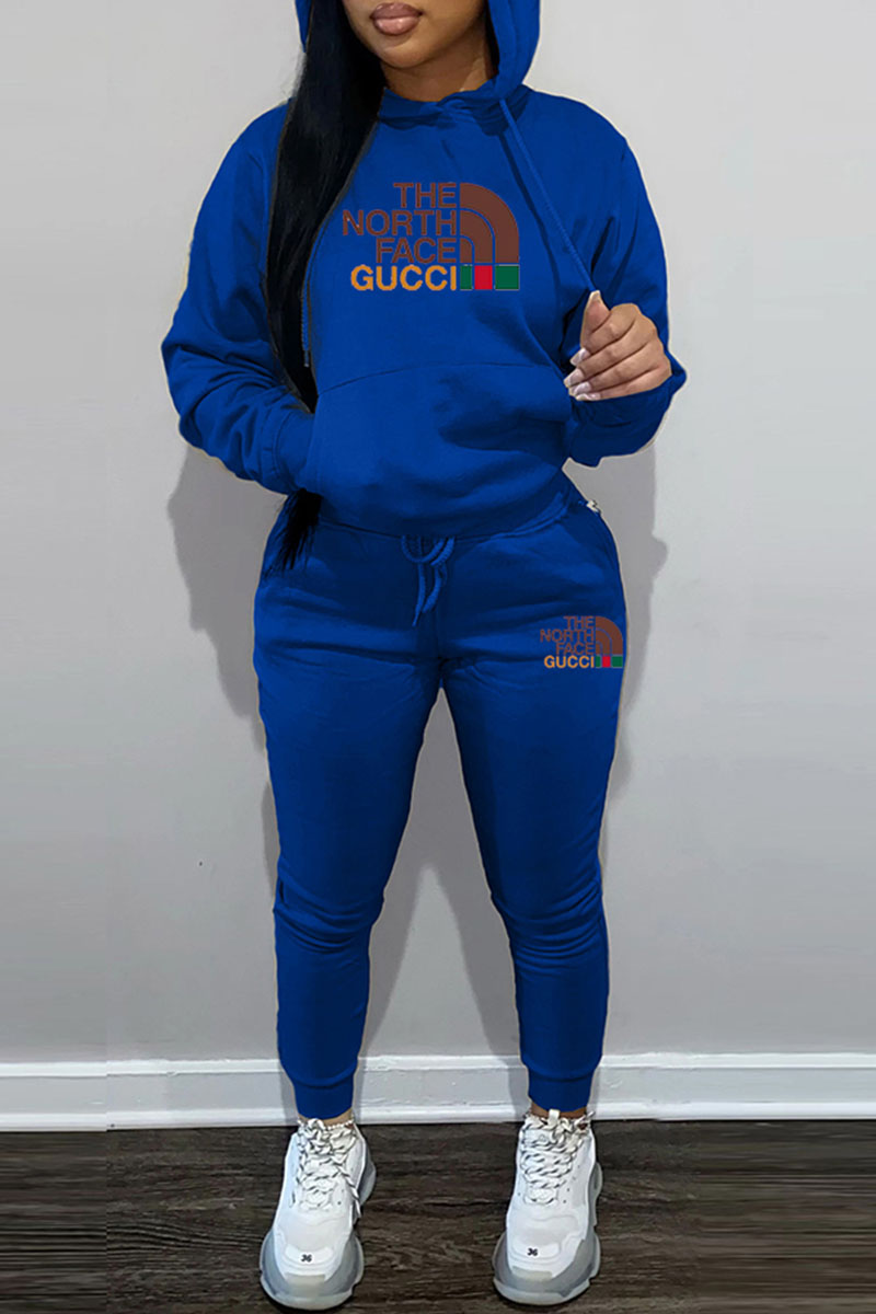 

Royal Blue Fashion Sportswear Print Letter Hooded Collar Long Sleeve Two Pieces