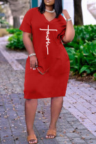 Rotes, modisches, lässiges, bedrucktes, kurzärmliges Kleid mit V-Ausschnitt