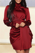 バーガンディ ファッション カジュアル ソリッド パッチワーク タートルネック 長袖 ドレス