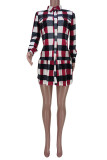 Red Casual Plaid Print Patchwork Buckle Flounce Turndown Collar A Line Dresses