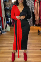 Rode mode casual effen patchwork jurken met V-hals en lange mouwen