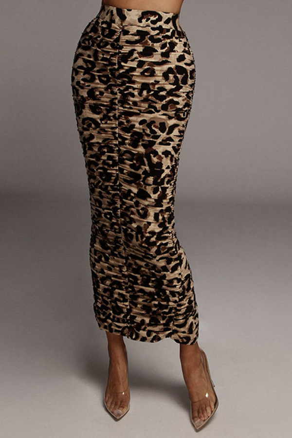 Leopard Print Sexy Print Patchwork Fold Straight High Waist Pencil Full Print Bottoms