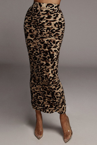 Estampado de leopardo Estampado sexy Patchwork Pliegue recto Cintura alta Lápiz Pantalones con estampado completo