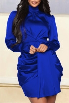 Robes bleues décontractées à manches longues et col roulé en patchwork uni