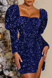 ブルー セクシー ソリッド スパンコール パッチワーク 小帯 バックレス スクエア カラー ドレス