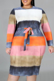Color Fashion Casual Print Schlitz mit Gürtel O-Ausschnitt Langarm Kleider in Übergröße