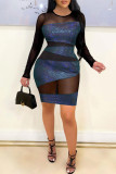 Vestidos de saia de um passo com decote em O azul sexy com cordão transparente