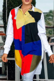 マルチカラーファッションカジュアルパッチワークベーシックターンダウンカラー長袖シャツドレス