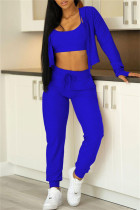 Blu Casual Sportswear Solid Cardigan Gilet Pantaloni Manica Lunga Tre Pezzi Set