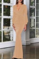 Gold Fashion Sexy Solid Basic V-Ausschnitt Langarm Abendkleid