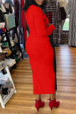 Vestidos de manga larga con cuello en V de patchwork sólido casual de moda roja