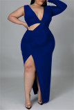 Blue Fashion Casual Solid Hollowed Out Slit V Neck Long Sleeve Plus Size Dresses