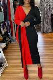 Красные модные повседневные однотонные лоскутные платья с V-образным вырезом и длинным рукавом
