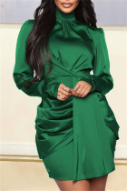 Зеленые модные повседневные однотонные лоскутные платья с высоким воротником и длинными рукавами