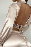 Light Khaki Sexy Solid Bandage Patchwork Buckle Backless Fold Turndown Collar Shirt Dress Dresses