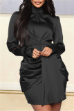 Moda preta casual sólido patchwork gola alta vestidos de manga comprida